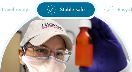 Stable-safe dosing: veterinarian holding a supplement bottle with travel-ready and easy-dosing options shown in the image.